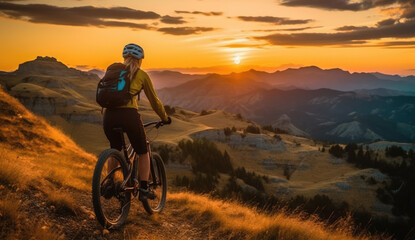 Fototapeta na wymiar Woman riding a mountain bike, the Thrilling Adventure of Riding a Mountain Bike through Breathtaking Trails at sunset BTT AI Generative