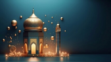 Fototapeta na wymiar Lantern shape mosque, islamic congratulation card. Aid, Ramadan, Curban celebration banner with place fot text. AI generated