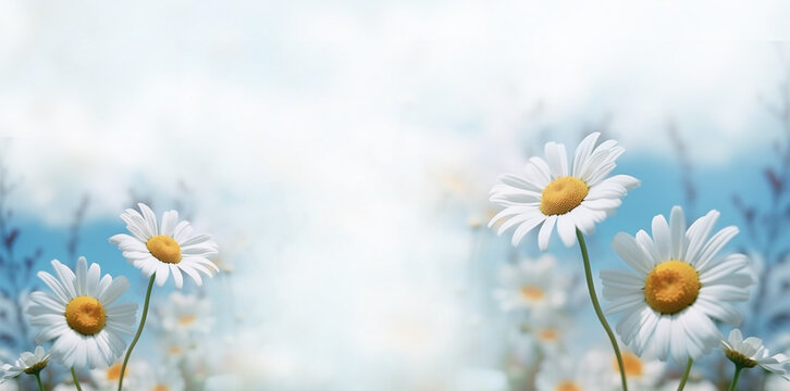Green grass and chamomile in the meadow. Spring or summer nature scene with blooming white daisies in sun glare. Soft focus. pastel colored with copy space © annebel146