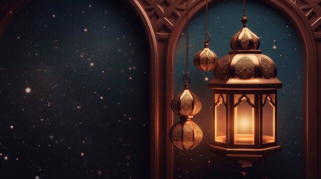 Lantern, islamic congratulation card. Aid, Ramadan, Curban celebration banner with place fot text. AI generated
