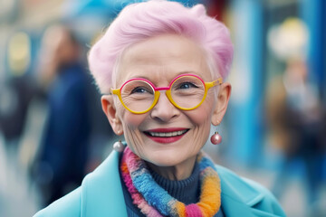 Beautiful and stylish elderly woman with pink dyed hair. Generative AI illustration
