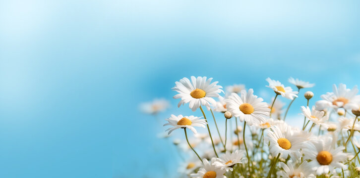 Green grass and chamomile in the meadow. Spring or summer nature scene with blooming white daisies in sun glare. Soft focus. pastel colored with copy space