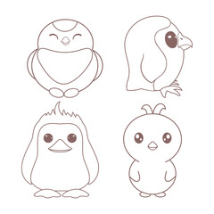 A set of cute children's stylized birds drawn with a line, a titmouse, an owlet, a penguin, an owl, a duck