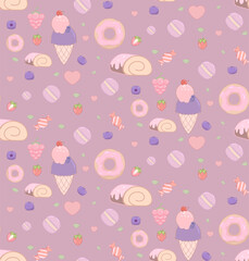 Cute seamless pattern with sweet ice cream elements, candies, hearts, cakes, berries