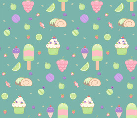 Cute seamless pattern with sweet ice cream elements, candies, hearts, cakes, berries, fruits, apple