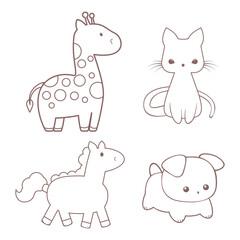 Set of cute children's stylized line drawn animals, cat, dog, giraffe and horse