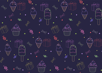Bright linear seamless pattern with the image of ice cream, gifts, sweets, confetti, bow