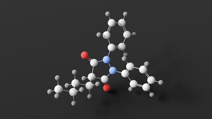 phenylbutazone molecule, molecular structure, bute, ball and stick 3d model, structural chemical formula with colored atoms