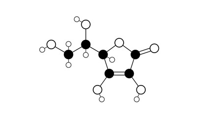 ascorbic acid molecule, structural chemical formula, ball-and-stick model, isolated image vitamin c