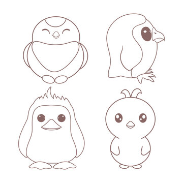 A set of cute children's stylized birds drawn with a line, a titmouse, an owlet, a penguin, an owl, a duck