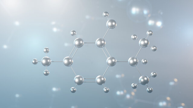 thymol molecular structure, 3d model molecule, 2-isopropyl-5-methylphenol, structural chemical formula view from a microscope