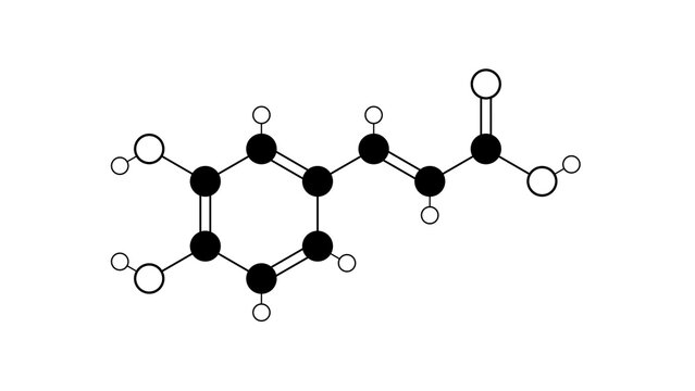 caffeic acid molecule, structural chemical formula, ball-and-stick model, isolated image hydroxycinnamic acid