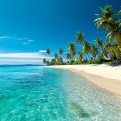 Obraz na płótnie Canvas Panoramic View of Tropical Island with Palm Trees and Beach. Generative AI