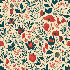 Ditsy liberty style seamless pattern. Sketch flat manner. Botanical collage in modern trendy style. Summer meadow flowers collection. Nature ornament for textile, fabric, wallpaper, surface design.