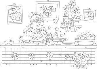 Funny granny and her merry cat cooking sweet cherry jam in a cozy kitchen decorated with pictures and flowers from a summer village garden, black and white outline vector cartoon illustration