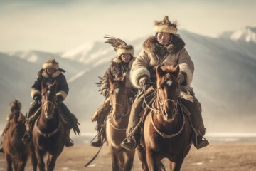 Naklejka premium males riding horses and eagle hunter traditional Mongolian eagle hunters. Generative Ai 