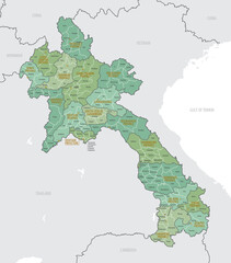 Detailed map of Laos with administrative divisions into Provinces and Districts, major cities of the country, vector illustration onwhite background