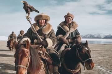 the person riding a horse Traditional Mongolian eagle hunter. Generative Ai 