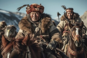 a group of huntsman Traditional Mongolian eagle hunters. Generative Ai 