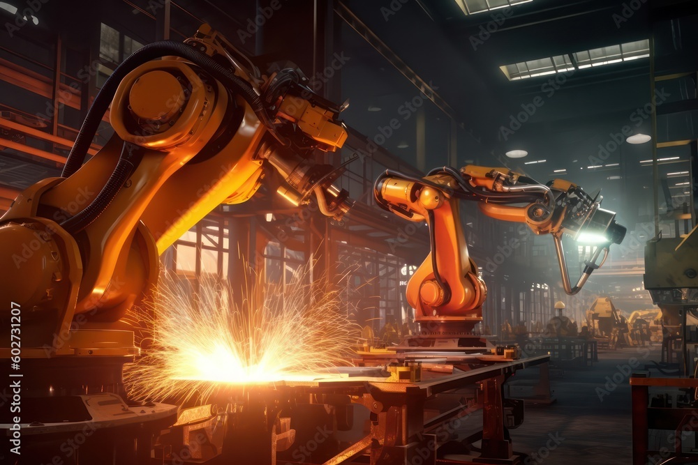 Wall mural robot arm welds structures in a modern production facility with ai generated. - Wall murals