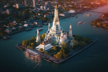 Aerial view Wat Arun Ratchawararam Ratchaworamahawihan Bangkok, Thailand at the river and the city with Ai Generated