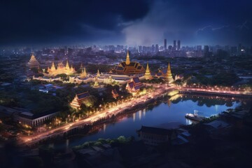The river and Thai Temple night view with Ai Generated
