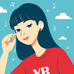 Vector illustration in flat style. A young pretty girl in fashionable sportswear listens to music through wireless headphones.