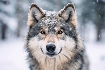 Obraz premium Portrait of gray wolf looking at camera in the snow with Ai Generated