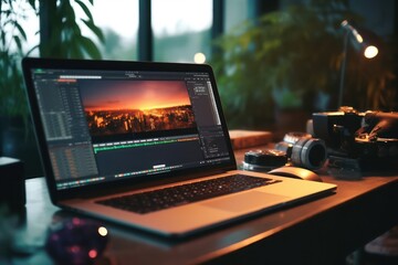 laptop on the table in a cafe gear of content creator or freelance with Ai Generated.