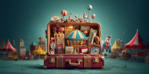 Magic suitcase. Circus, amusement park. Fantasy.