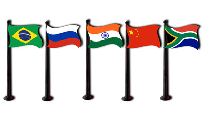 the flags of the BRICS member associations consisting of Brazil, Russia, India, China and South Africa