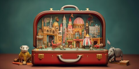 Magic suitcase. Circus, amusement park. Fantasy.