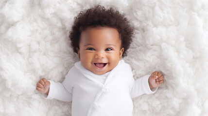Little baby Child Smiling in Bed Playing. Adorable Happy Kid Cute Toddler. Bedtime preparation. generative ai