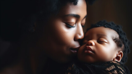Obraz premium Mother and Baby Child sleeping on bed together, Loving Mom holding her newborn kid, Serene Peaceful Cuddle, Toddler Sleep Tender Connection. generative ai