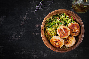 Zucchini spaghetti pasta  with chicken meatballs in bowl. Top view. Flat lay