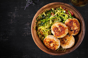 Zucchini spaghetti pasta  with chicken meatballs in bowl. Top view. Flat lay - obrazy, fototapety, plakaty