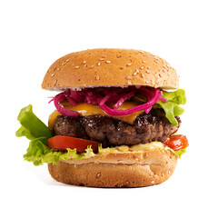 Beef hamburger. Cheeseburger with beef burger, tomatoes, cheese, pickled cucumber and lettuce isolated on white background