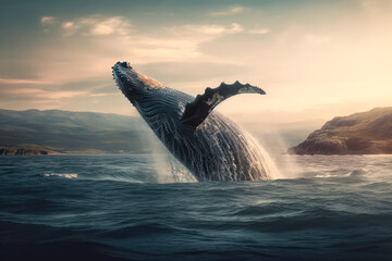 Fototapeta premium Ballena jorobada , saltando en el oceano al atardecer, sobre fondo de horizonte con puesta de sol