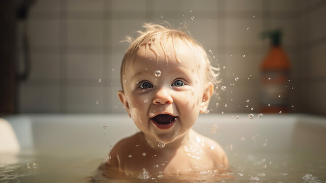  Smiling Little Baby Kid in Bath, Splashing and Playing with Bubbles at Home, Joyful Concept of Care, Comfort, and Hygiene for Young Children. generative ai