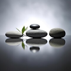 Fototapeta na wymiar Zen stones and green plant on grey background. Spa style. 3D rendered illustration. - Generative AI