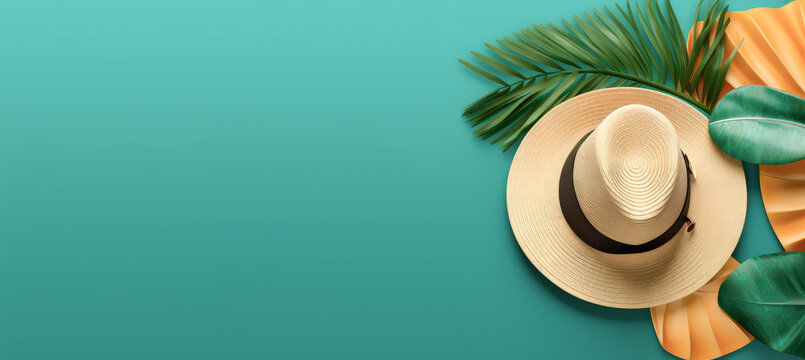 Sombrero de paja veraniego y hojas de palmera sobre fondo verde. ilustración de ia generativa