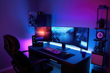 A general view of a professional gamer's home office showing their PC gaming equipment. a monitor with a shooting game, a powerful modern PC with full RGB lighting, and a chair. gaming center for onli