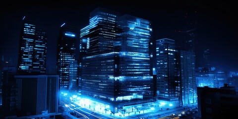 Night city. Cityscape. Blue, azure buildings. Generative AI. 