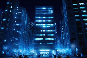 Night city. Cityscape. Blue, azure buildings. Generative AI. 