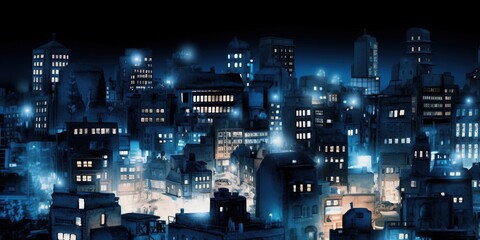 Night city. Cityscape. Blue, azure buildings. Generative AI. 