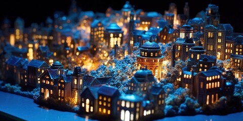 Night city. Cityscape. Blue, azure buildings. Generative AI. 