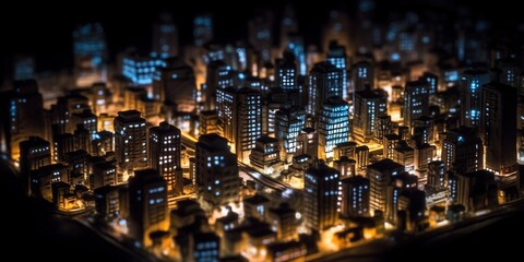 Night city. Cityscape. Blue, azure buildings. Generative AI. 