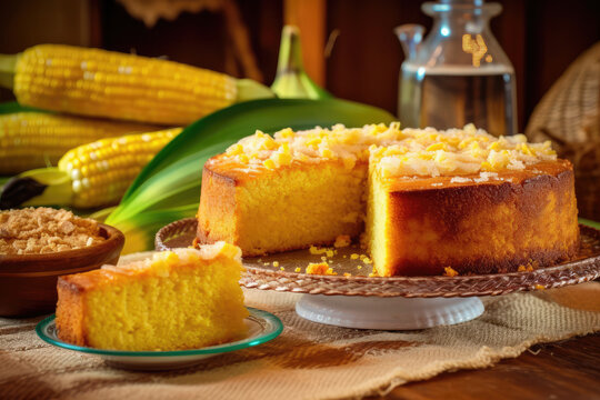 Corn cake. Traditional typical Brazilian sweets made from corn. Generative AI