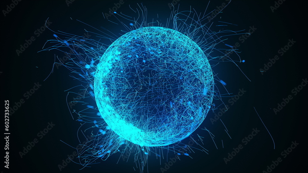 Poster 3d rendering, computer generated sphere or ball of numerous neon particles and lines on a black back