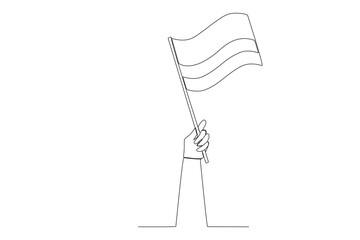 Fototapeta na wymiar A hand holding Colombia flag high. Independencia de Colombia one-line drawing